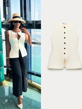 ZARA Cream Button-Front Sleeveless Knit Top